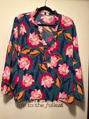 Ruffle V-Neck Floral Blouse - Teal with Pink & Orange Bloom